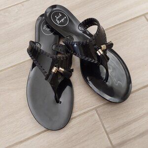 Jack Rogers Alana Black Patent Tasseled Thong Sandal Flats  (111)